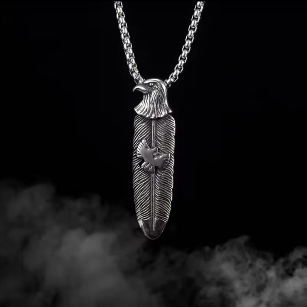 Platinum Plated Eagle Head Feather With Eagle Shaped Piece Bohemian Necklace